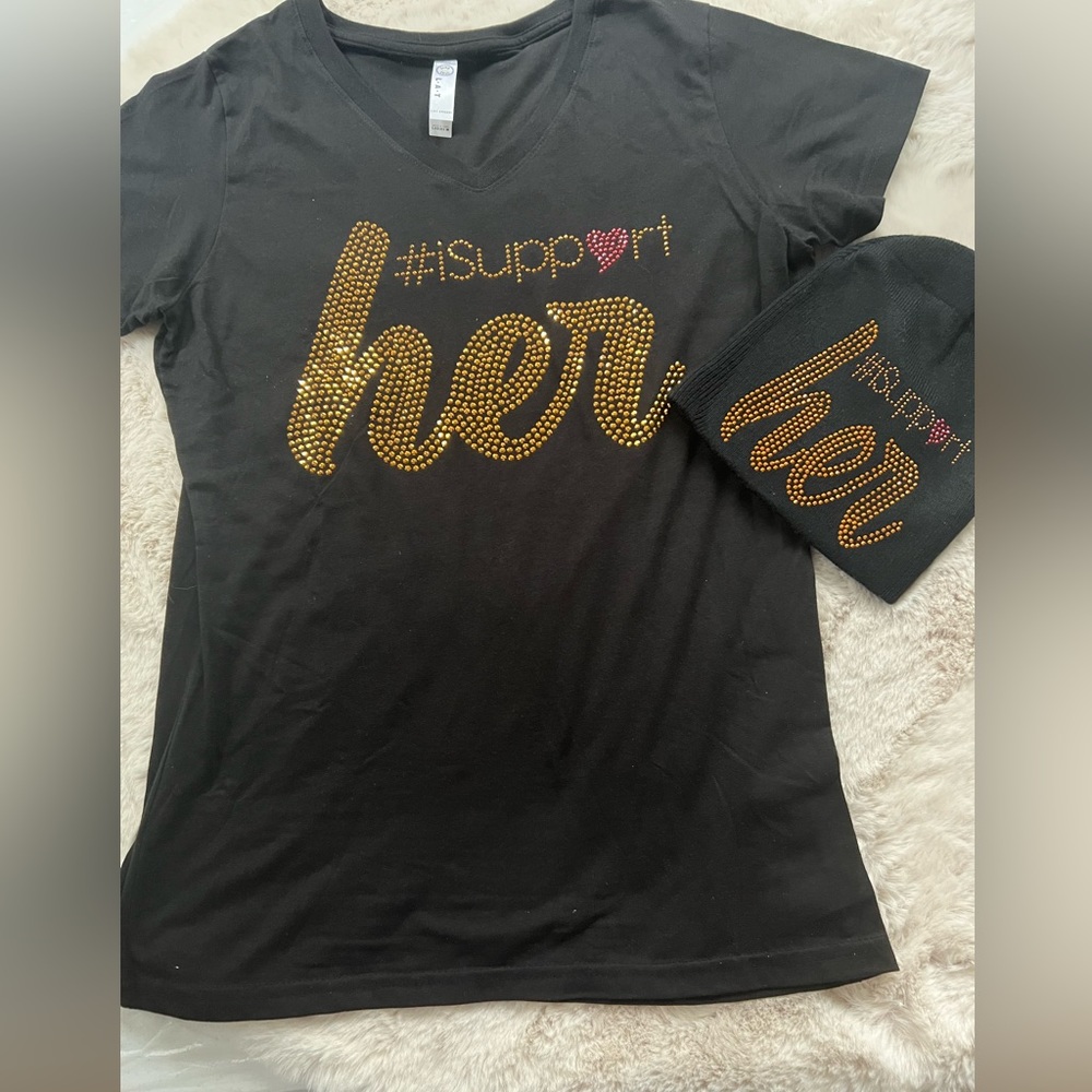 Black with Gold bling "Support Her" tshirt and hat